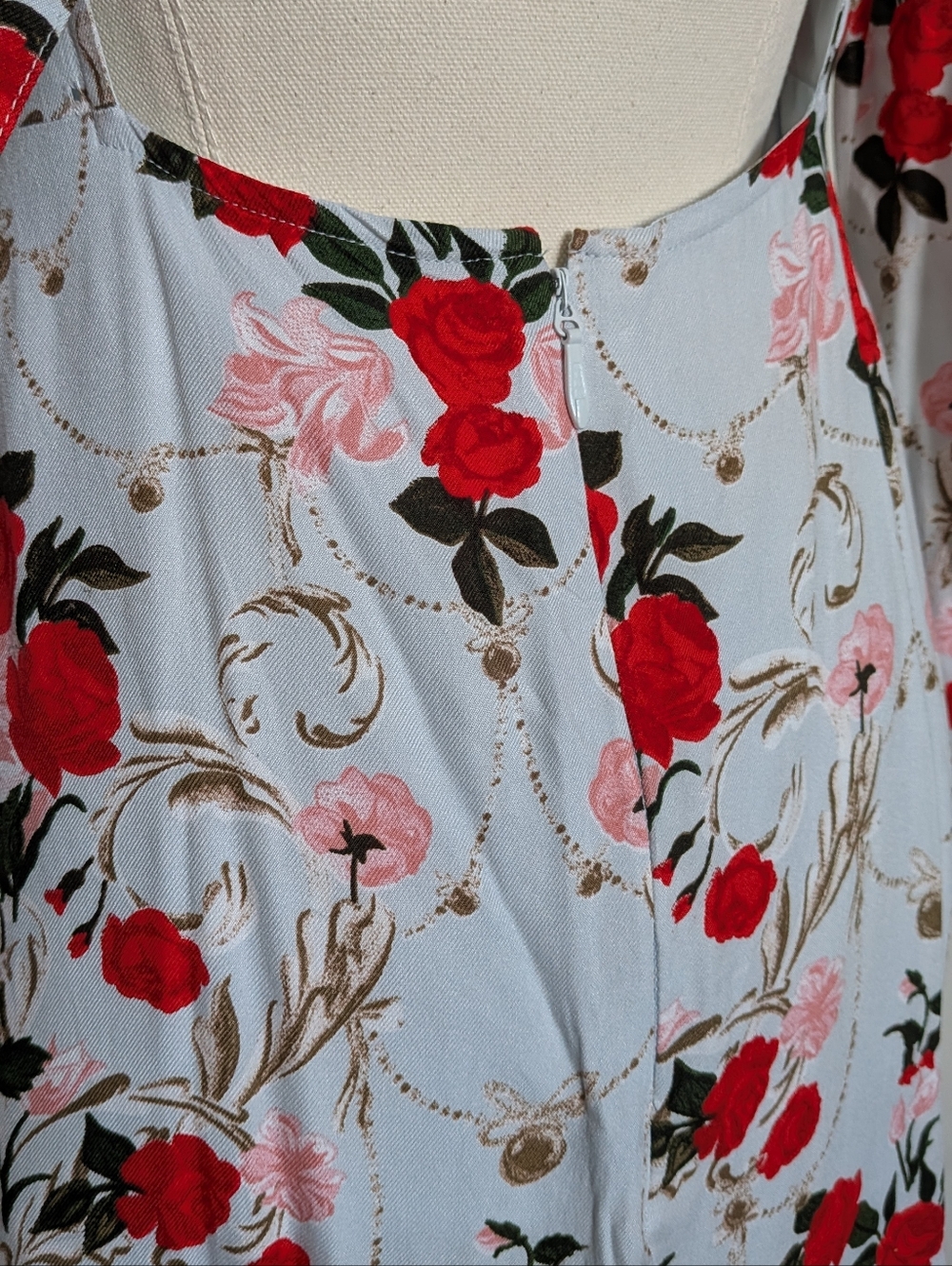 NWT TopShop Light Blue Red Pink Rose Skater Beaded Jewel Floral Dress 4 - Picture 9 of 14